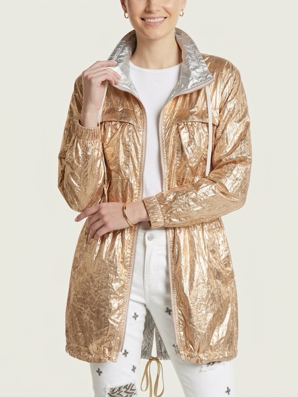 BLANKNYC Good Vibrations Reversible Metallic Windbreaker Jacket Gold Silver S